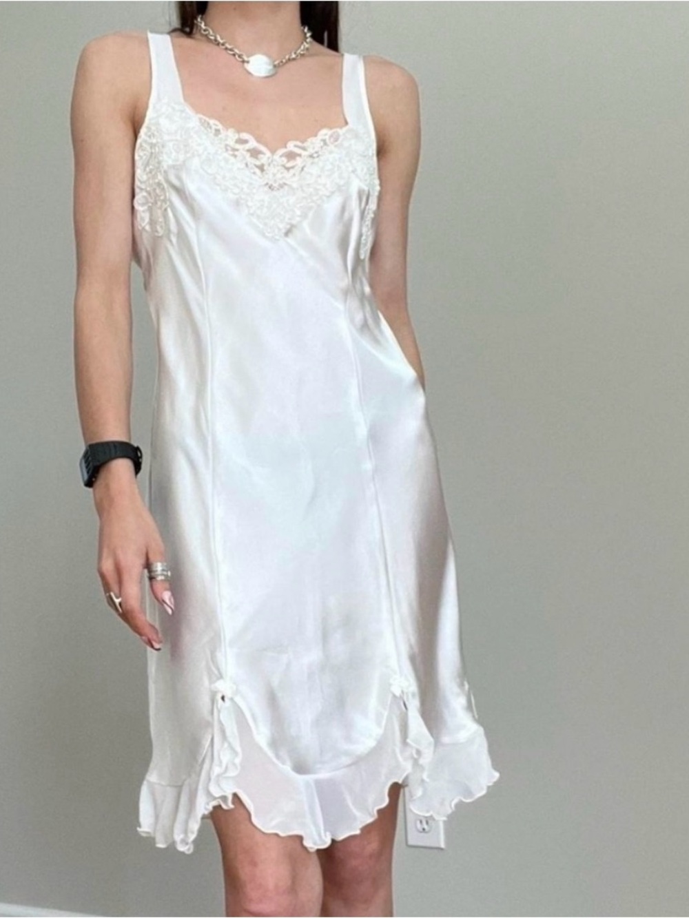 Linea Donatella White Satin Lace Chemise Slip Nightgown Sleepwear Size Small